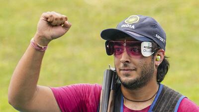 India’s Vivaan Kapoor celebrates after winning silver in men’s trap ISSF World Cup Final on Thursday. (PTI) India’s Vivaan Kapoor celebrates after winning silver in men’s trap ISSF World Cup Final on Thursday. (PTI)