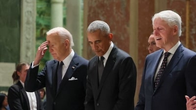 U.S. President Joe Biden, former U.S. President Barack Obama, former U.S. President President Bill Clinton and U.S. Representative Nancy Pelosi (D-CA) attend the memorial service for Ethel Kennedy at the Cathedral of St. Matthew the Apostle in Washington, U.S., October 16, 2024. REUTERS/Leah Millis (REUTERS)