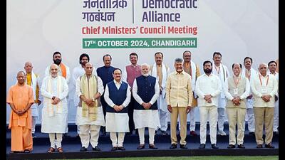 Prime Minister Narendra Modi, along with Union ministers, NDA-ruled states’ chief ministers and others, during a meeting in Chandigarh on Thursday. (ANI) Prime Minister Narendra Modi, along with Union ministers, NDA-ruled states’ chief ministers and others, during a meeting in Chandigarh on Thursday. (ANI)