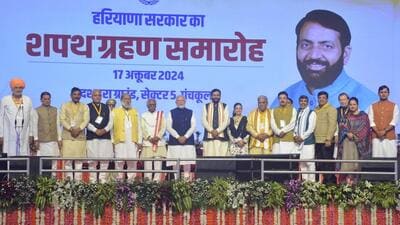 Prime Minister Narendra Modi and Haryana CM Nayab Singh Saini with the newly elected ministers at Panchkula’s Sector 5 on Thursday. (Sant Arora /HT) Prime Minister Narendra Modi and Haryana CM Nayab Singh Saini with the newly elected ministers at Panchkula’s Sector 5 on Thursday. (Sant Arora /HT)