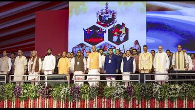 Union ministers Amit Shah, JP Nadda, Nitin Gadkari, UP CM Yogi Adityanath, Maharashtra CM Eknath Shinde and other dignitaries attend the swearing-in ceremony of the new Haryana government, in Panchkula, Thursday. (PTI) Union ministers Amit Shah, JP Nadda, Nitin Gadkari, UP CM Yogi Adityanath, Maharashtra CM Eknath Shinde and other dignitaries attend the swearing-in ceremony of the new Haryana government, in Panchkula, Thursday. (PTI)