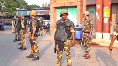 **EDS: SCREENSHOT VIA PTI VIDEO** Bahraich: Police personnel keep a vigil in the violence hit area, in Bahraich district, Thursday, Oct. 17, 2024. (PTI Photo) (PTI10_17_2024_000317A) *** Local Caption *** (PTI) **EDS: SCREENSHOT VIA PTI VIDEO** Bahraich: Police personnel keep a vigil in the violence hit area, in Bahraich district, Thursday, Oct. 17, 2024. (PTI Photo) (PTI10_17_2024_000317A) *** Local Caption *** (PTI)