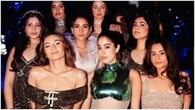 This click is from Radhika Merchant's pre-wedding party, where she posed with her bridesmaids, including Janhvi Kapoor. This click is from Radhika Merchant's pre-wedding party, where she posed with her bridesmaids, including Janhvi Kapoor. 