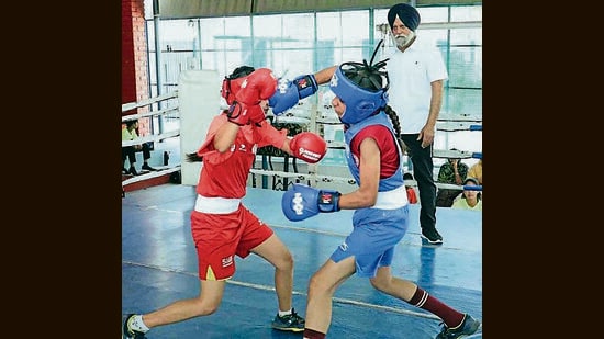 Boxing players during a practice session at a boxing academy at Chakar in Jagraon, Ludhiana, on Thursday. (HT Photo)