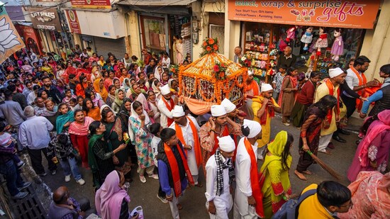 Devotees take part in a 'shobha yatra' ahead of Valmiki Jayanti in Shimla on October 15. (PTI)