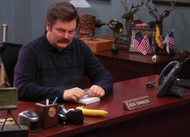 Ron Swanson from Parks and Recreation was hyper-focused on not letting chitchat interrupt his work.
