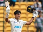 New Zealand's batter Rachin Ravindra celebrates his century during the third day of the first Test cricket match against India New Zealand's batter Rachin Ravindra celebrates his century during the third day of the first Test cricket match against India