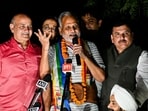  Former Delhi Health minister Satyender Jain AAP leader Manish Sisodia and Sanjay singh and Delhi CM Atishi gets a warm welcome by his supporters after getting released from Tihar jail in New Delhi on Friday.
