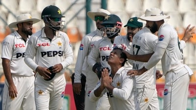 Pakistan's Noman Ali, center bottom, celebrates as he is congratulated by teammates after he took his fifth wicket during the fourth day of the second test cricket match between Pakistan and England, in Multan, Pakistan (AP) Pakistan's Noman Ali, center bottom, celebrates as he is congratulated by teammates after he took his fifth wicket during the fourth day of the second test cricket match between Pakistan and England, in Multan, Pakistan (AP)