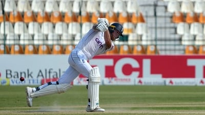 The bat slips from the hands of England's Ben Stokes when he playing a shot during the fourth day of the second test cricket match between Pakistan and England, in Multan, Pakistan, Friday, Oct. 18, 2024. (AP Photo/K.M. Chaudary) (AP) The bat slips from the hands of England's Ben Stokes when he playing a shot during the fourth day of the second test cricket match between Pakistan and England, in Multan, Pakistan, Friday, Oct. 18, 2024. (AP Photo/K.M. Chaudary) (AP)