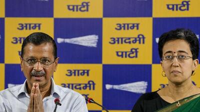 Aam Aadmi Party (AAP) chief Arvind Kejriwal made the announcement in presence of chief minister Atishi. (PTI photo) Aam Aadmi Party (AAP) chief Arvind Kejriwal made the announcement in presence of chief minister Atishi. (PTI photo)