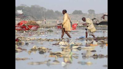 Banks of River Ganga filled with garbage at Sangam in after the devotees left the sacred river polluted during the Kumbh Mela festival in Prayagraj (HT file) Banks of River Ganga filled with garbage at Sangam in after the devotees left the sacred river polluted during the Kumbh Mela festival in Prayagraj (HT file)