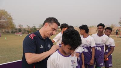 Gary Neville, former Manchester United and England star, interacts with young trainees at the Minerva Academy in Mohali. (HT Photo) Gary Neville, former Manchester United and England star, interacts with young trainees at the Minerva Academy in Mohali. (HT Photo)