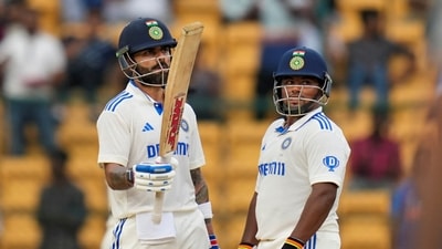 Virat Kohli (70) lost his wicket in the final ball of the day and Sarfaraz Khan (70*) remained unbeaten for India. (PTI) Virat Kohli (70) lost his wicket in the final ball of the day and Sarfaraz Khan (70*) remained unbeaten for India. (PTI)