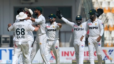 Pakistan's Shan Masood, fourth left, and teammates celebrates after winning the second test cricket match against England, in Multan, Pakistan, Friday, Oct. 18, 2024. (AP Photo/K.M. Chaudary) (AP) Pakistan's Shan Masood, fourth left, and teammates celebrates after winning the second test cricket match against England, in Multan, Pakistan, Friday, Oct. 18, 2024. (AP Photo/K.M. Chaudary) (AP)