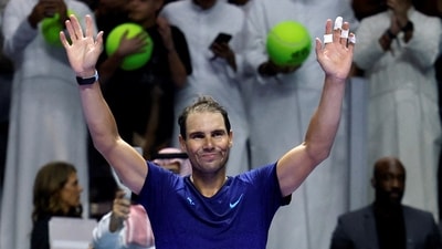 Spain's Rafael Nadal waves at fans after losing his semi final match against Spain's Carlos Alcaraz (REUTERS)