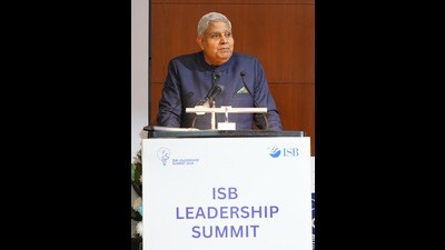 Vice-President Jagdeep Dhankhar at the leadership summit of the Indian School of Business (Mohali campus) in Punjab on Friday. (HT Photo) Vice-President Jagdeep Dhankhar at the leadership summit of the Indian School of Business (Mohali campus) in Punjab on Friday. (HT Photo)