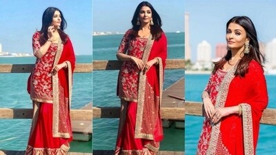 Aishwarya Rai's kurta set is the perfect inspiration for those who love a heavy outfit. Her look features a golden floral-embellished kurta paired with flared palazzo pants and a heavily embroidered dupatta that adds a touch of elegance. (Instagram)