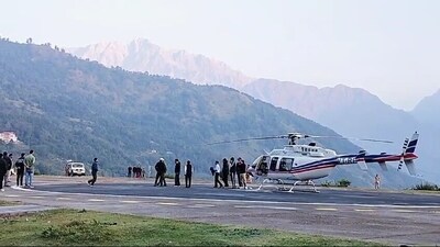 Munsyari: A helicopter with Chief Election Commissioner Rajiv Kumar on board reaches Munsyari, in Pithoragarh district, Wednesday, Oct. 16, 2024. (PTI) Munsyari: A helicopter with Chief Election Commissioner Rajiv Kumar on board reaches Munsyari, in Pithoragarh district, Wednesday, Oct. 16, 2024. (PTI)