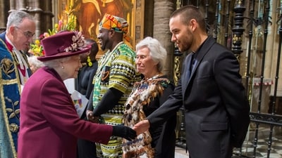 Britain's Queen Elizabeth meets Liam Payne after the Commonwealth Service at Westminster Abbey in London, Britain March 12, 2018. 
