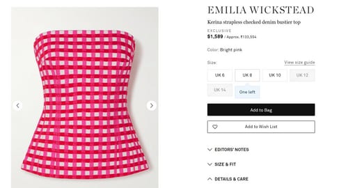 Isha Ambani's bustier top costs  ₹1,33,554. (www.net-a-porter.com)