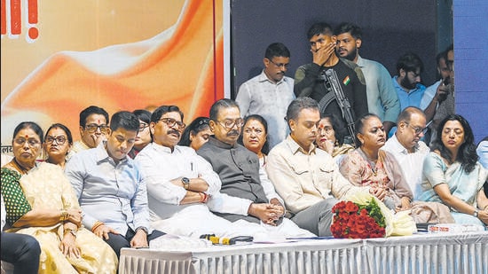 dressing a group of party workers from Mumbai on Friday, the Shiv Sena’s Kalyan MP, Shrikant Shinde, said that the opposition Maha Vikas Aghadi (MVA) performed better than the ruling Mahayuti alliance in the Lok Sabha polls due to a “fake narrative” that the latter would destroy the Constitution if it retained power. (Raju Shinde/HT Photo)