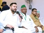RJD leader Tejashwi Yadav addressing during Karyakarta Darshan cum Samwad Karyakram at Jamui, Bihar, India, Wednesday,16, 2024.(Photo by / Hindustan Times)