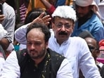 Bandra East MLA Zeeshan Siddique with his late father Baba Siddique in Mumbai.  (Raju Shinde/ HT file)