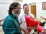 Congress leader and Leader of Opposition in Lok Sabha Rahul Gandhi with Jharkhand Chief Minister Hemant Soren during a meeting, in New Delhi, Wednesday, Oct. 9, 2024. 