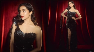 Shraddha Kapoor is dripped in glitter and glamour as she rocks a stunning black gown with thigh high slit and sequin detailing all over. (Instagram) Shraddha Kapoor is dripped in glitter and glamour as she rocks a stunning black gown with thigh high slit and sequin detailing all over. (Instagram)