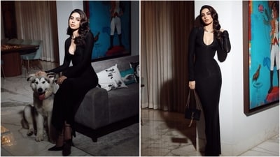 Khushi Kapoor is an absolute stunner, and her latest look in a black bodycon dress proves it. Paired with a choker necklace and glamorous makeup, she looks simply wow. (Instagram) Khushi Kapoor is an absolute stunner, and her latest look in a black bodycon dress proves it. Paired with a choker necklace and glamorous makeup, she looks simply wow. (Instagram)