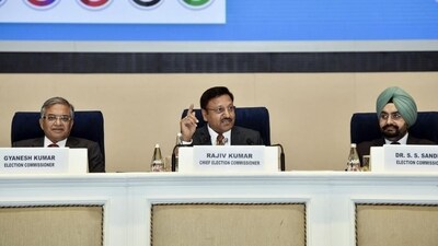 Chief Election Commissioner Rajiv Kumar with election commissioners Gyanesh Kumar and Sukhbir Singh Sandhu. (ANI)