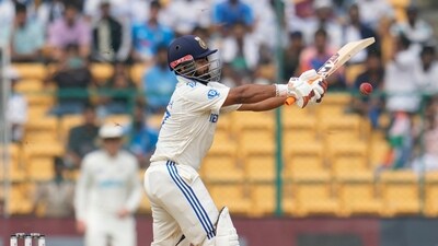 India's Rishabh Pant plays a shot during the day four of the first cricket test match between India and New Zealand at the M.Chinnaswamy Stadium, in Bengaluru, India, Saturday, Oct. 19, 2024. (AP Photo/Aijaz Rahi) (AP)