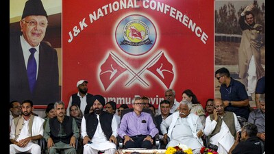 Jammu and Kashmir chief minister Omar Abdullah with others during a meeting at the party office in Jammu on Saturday. (PTI) Jammu and Kashmir chief minister Omar Abdullah with others during a meeting at the party office in Jammu on Saturday. (PTI)