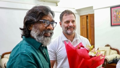 Congress leader and Leader of Opposition in Lok Sabha Rahul Gandhi with Jharkhand Chief Minister Hemant Soren during a meeting, in New Delhi, Wednesday, Oct. 9, 2024. (PTI) Congress leader and Leader of Opposition in Lok Sabha Rahul Gandhi with Jharkhand Chief Minister Hemant Soren during a meeting, in New Delhi, Wednesday, Oct. 9, 2024. (PTI)
