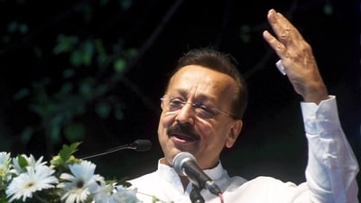 Baba Siddique addresses a gathering after joining NCP (Ajit Pawar), in Mumbai. (PTI file)