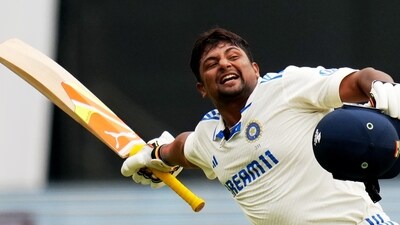 Bengaluru: India's Sarfaraz Khan celebrates his century during the fourth day of the first test cricket match between India and New Zealand at M Chinnaswamy Stadium, in Bengaluru, Saturday, Oct 19, 2024. (PTI Photo/Shailendra Bhojak) (PTI10_19_2024_000031A) (PTI)