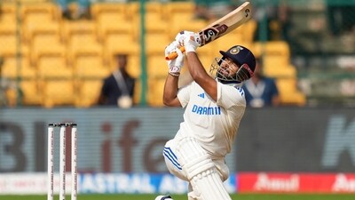 Rishabh Pant plays a shot on the fourth day of the first test cricket match between India and New Zealand at the M Chinnaswamy Stadium in Bengaluru (PTI) Rishabh Pant plays a shot on the fourth day of the first test cricket match between India and New Zealand at the M Chinnaswamy Stadium in Bengaluru (PTI)