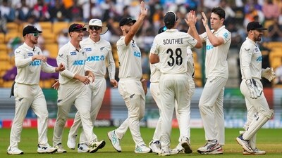 New Zealand's bowler William O'Rourke celebrates the wicket of Ravindra Jadeja during the fourth day of the first Test (PTI) New Zealand's bowler William O'Rourke celebrates the wicket of Ravindra Jadeja during the fourth day of the first Test (PTI)