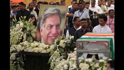 People pay homage to Indian business leader Ratan Tata who died on Wednesday night, in the lawns of the National Centre for the Performing Arts (NCPA), in Mumbai, India, Thursday, Oct. 10, 2024. (AP Photo /Rafiq Maqbool) (AP) People pay homage to Indian business leader Ratan Tata who died on Wednesday night, in the lawns of the National Centre for the Performing Arts (NCPA), in Mumbai, India, Thursday, Oct. 10, 2024. (AP Photo /Rafiq Maqbool) (AP)
