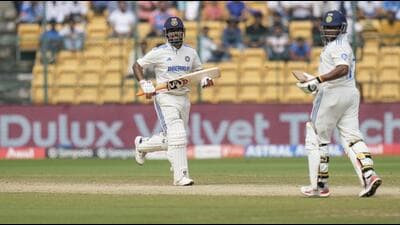 Rishabh Pant, left, and Sarfaraz Khan in action against New Zealand in Bengaluru on Saturday. (AP) Rishabh Pant, left, and Sarfaraz Khan in action against New Zealand in Bengaluru on Saturday. (AP)