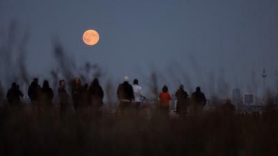 Skywatchers around the world gathered at dusk to witness the full moon rising in the east while also catching a rare sight of a comet, with its long tail visible, in the western sky. (REUTERS/Lisi Niesner)