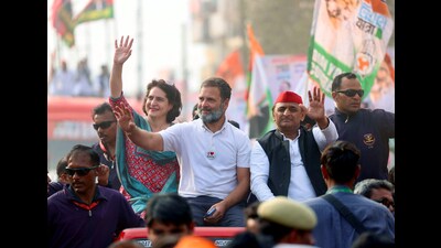Samajwadi Party (SP) Chief Akhilesh Yadav and Congress leader Rahul Gandhi and party General Secretary Priyanka Gandhi Vadra during a rally in Agra (File) Samajwadi Party (SP) Chief Akhilesh Yadav and Congress leader Rahul Gandhi and party General Secretary Priyanka Gandhi Vadra during a rally in Agra (File)