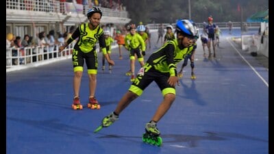 Skaters in action during the tournament in Ludhiana on Saturday. (Manish/HT) Skaters in action during the tournament in Ludhiana on Saturday. (Manish/HT)