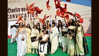 Students celebrating after receiving degrees at the 54th annual convocation of PEC in Chandigarh on Saturday. (Ravi Kumar/ HT)