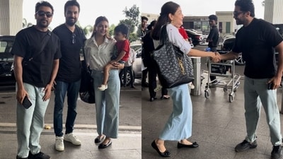 Kajal Aggarwal introduced her son Neil and husband Gautam to Suriya at the airport. Kajal Aggarwal introduced her son Neil and husband Gautam to Suriya at the airport.