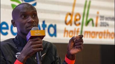 Uganda’s Joshua Cheptegei addresses a press conference ahead of the Delhi Half Marathon 2024 on Friday. (PTI) Uganda’s Joshua Cheptegei addresses a press conference ahead of the Delhi Half Marathon 2024 on Friday. (PTI)