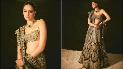 Ananya Panday stuns in a golden and black embellished lehenga, providing the perfect ethnic fashion inspiration for the festive season. (Instagram) Ananya Panday stuns in a golden and black embellished lehenga, providing the perfect ethnic fashion inspiration for the festive season. (Instagram)
