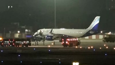 Jaipur: An Indigo aircraft from Saudi Arabia after it made an emergency landing following a bomb threat at Jaipur airport, Tuesday, Oct. 15, 2024. (PTI) Jaipur: An Indigo aircraft from Saudi Arabia after it made an emergency landing following a bomb threat at Jaipur airport, Tuesday, Oct. 15, 2024. (PTI)