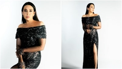 Karisma Kapoor's latest look is dripping with glamour as she stuns in a black off-shoulder slit gown adorned with sequins from head to toe. (Instagram) Karisma Kapoor's latest look is dripping with glamour as she stuns in a black off-shoulder slit gown adorned with sequins from head to toe. (Instagram)